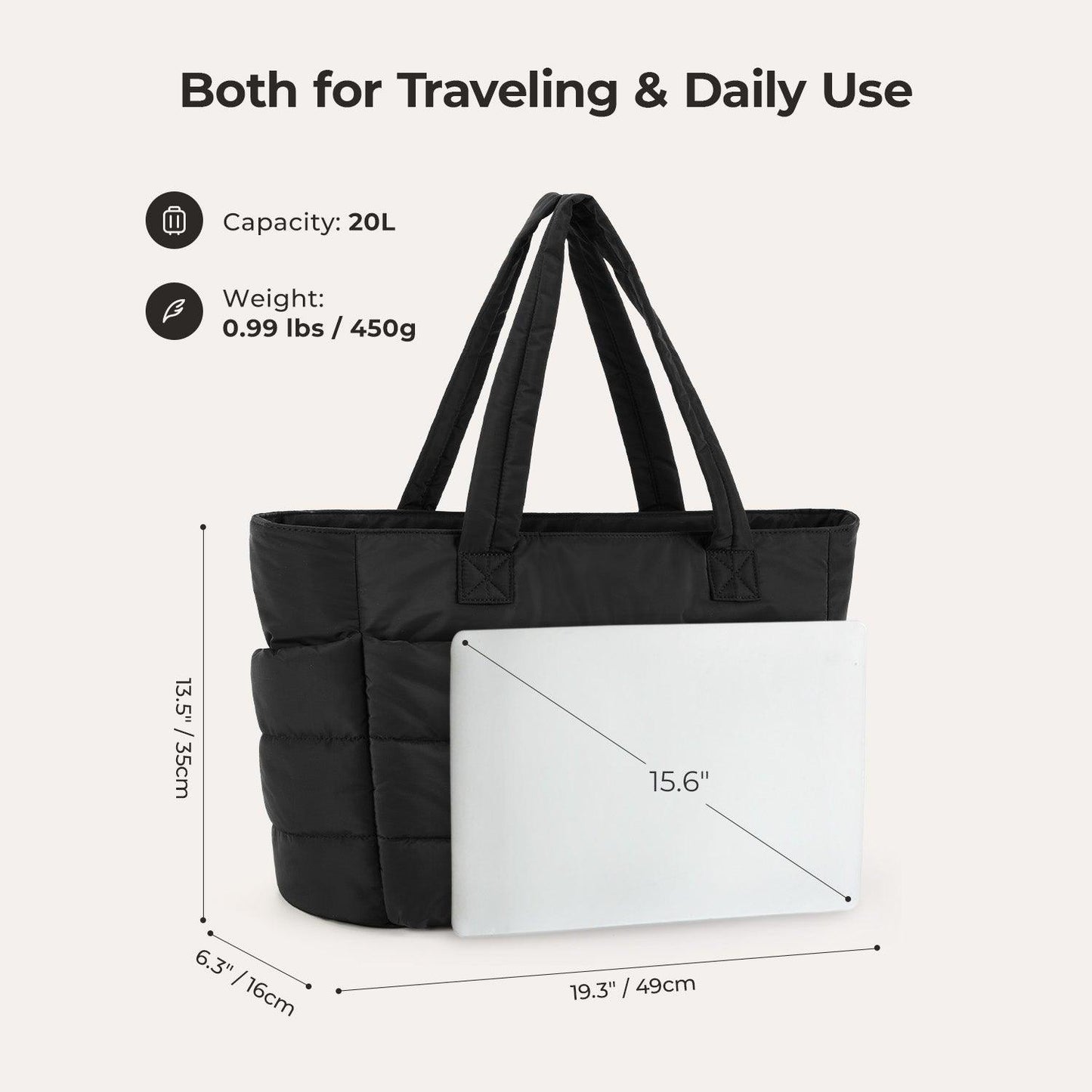 20L Puffy Tote Bag med 15,6" laptoprom