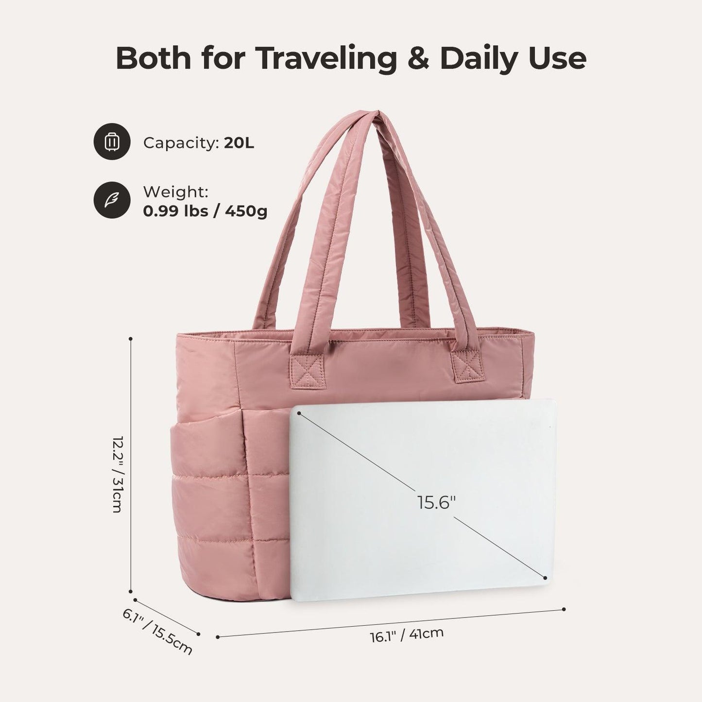 20L Puffy Tote Bag med 15,6" laptoprom