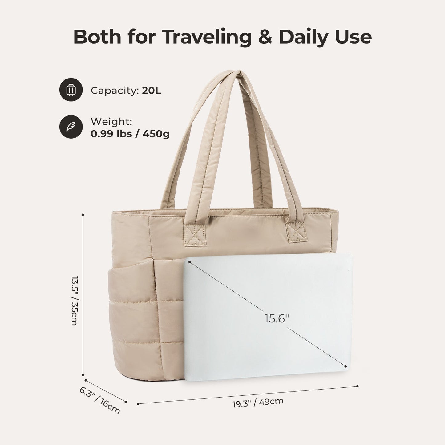 20L Puffy Tote Bag med 15,6" laptoprom