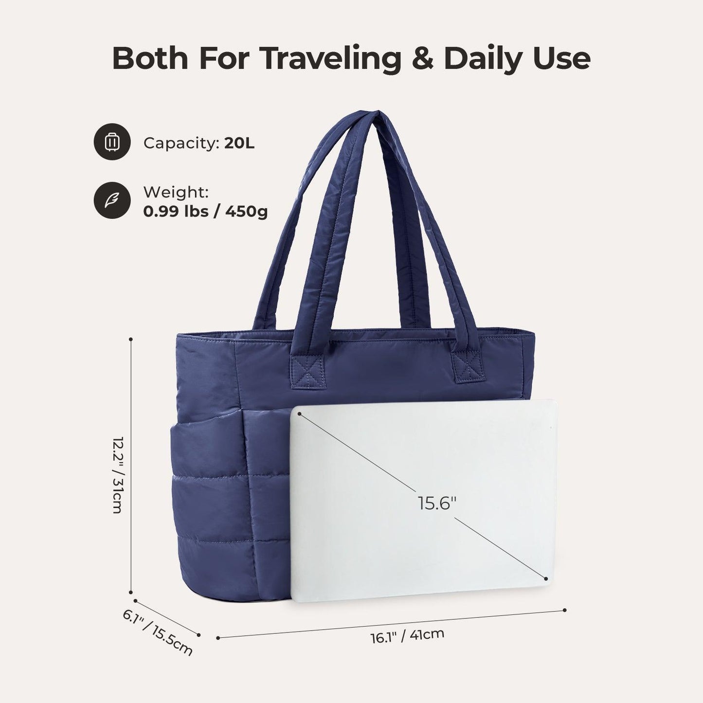 20L Puffy Tote Bag med 15,6" laptoprom